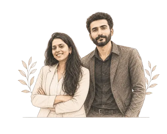 An illustrated portrait of Nidhin and Neha, the founders of Sancto.