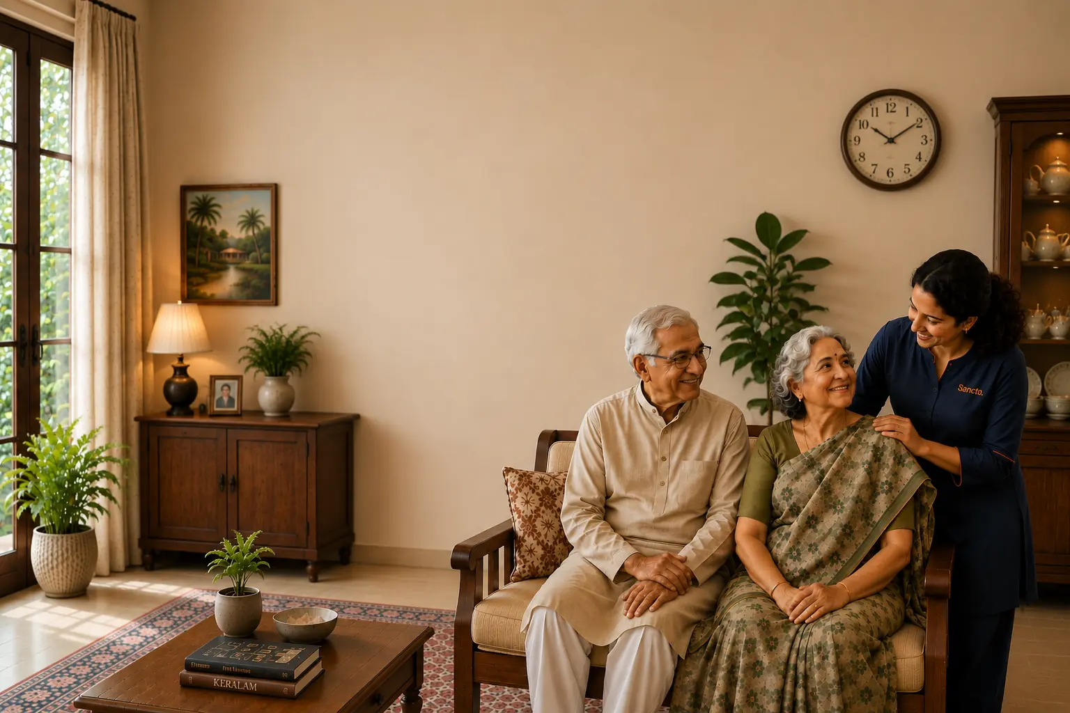 An elderly couple at home in Kerala, with a Sancto team member checking in on them in their living room.