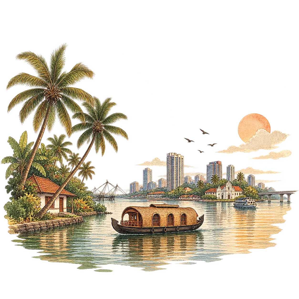 An illustration of Keralam's backwaters, with a traditional houseboat, palm trees, and the Kochi skyline in the distance.