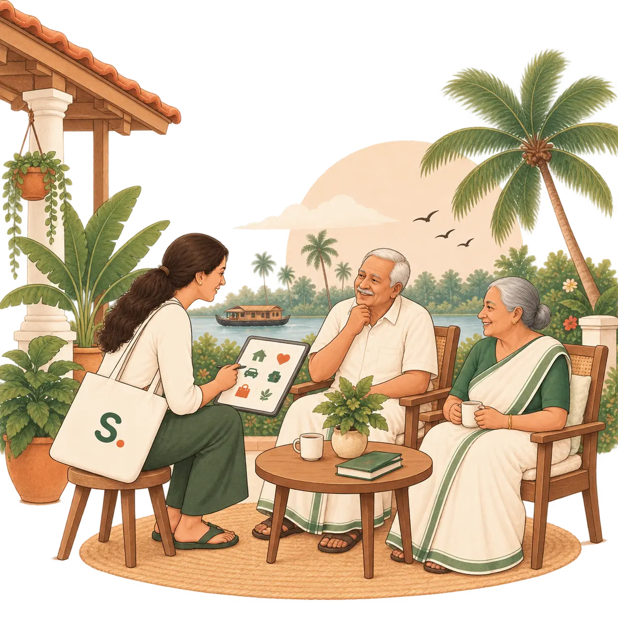 A Sancto team member reviewing a personalised care plan with an elderly couple at home.