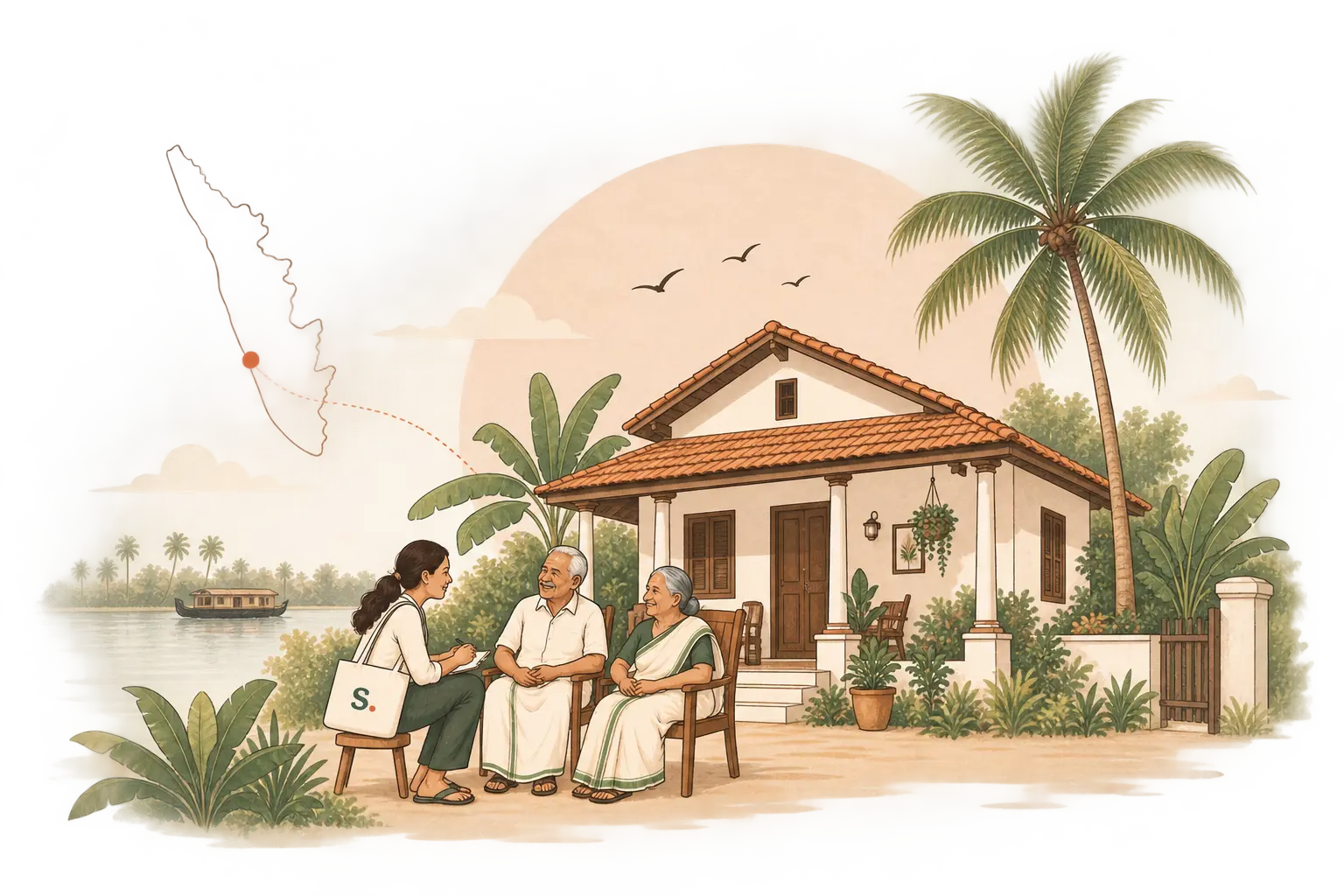 A Sancto team member visiting an elderly couple at their home in Keralam, with the coastline of the state traced in the background.
