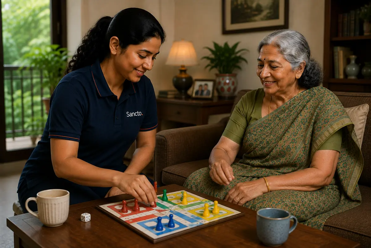 A Sancto team member playing a board game with an elderly woman in her living room.