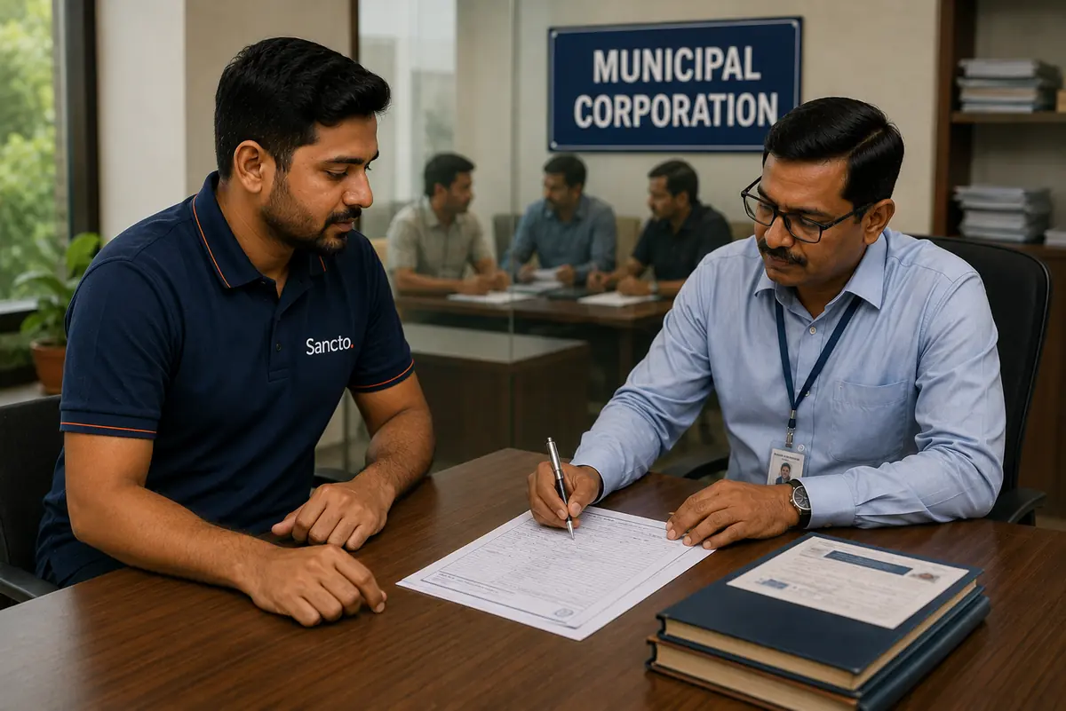 A Sancto team member assisting with paperwork at a municipal corporation office.