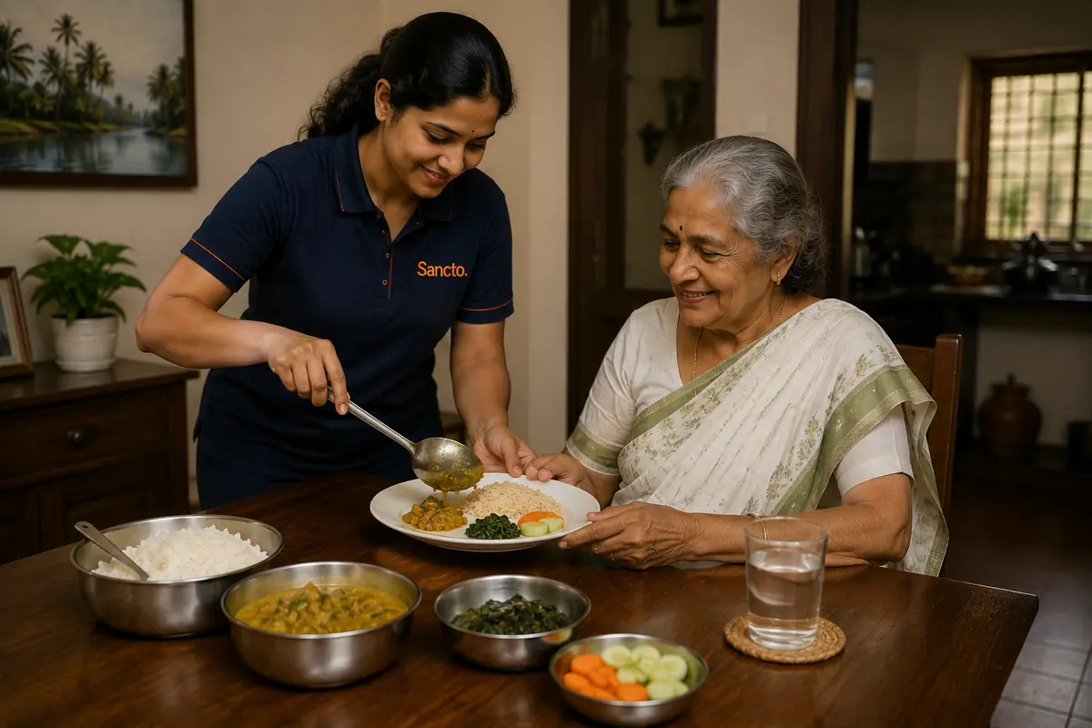 A Sancto team member serving home-cooked food to an elderly woman at her dining table.