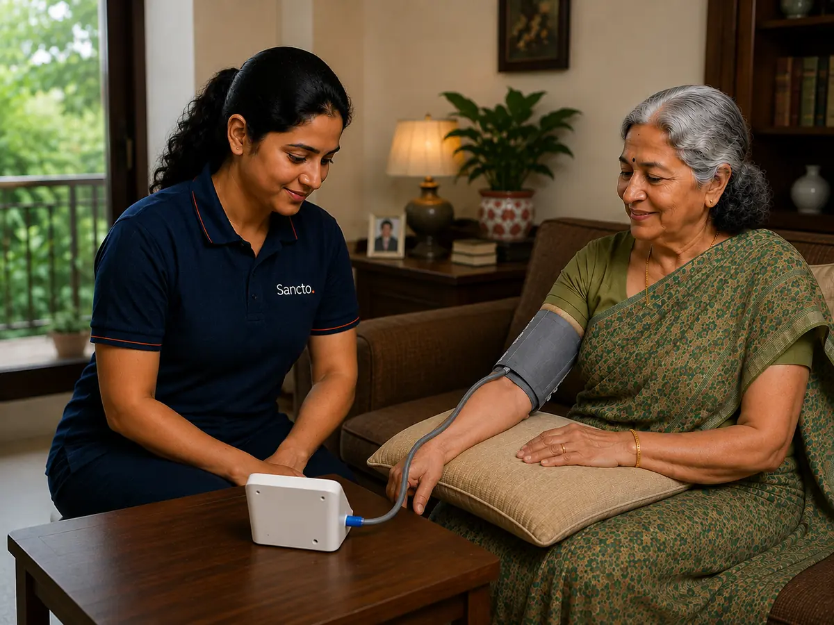 A Sancto team member checking an elderly woman's blood pressure in her living room.
