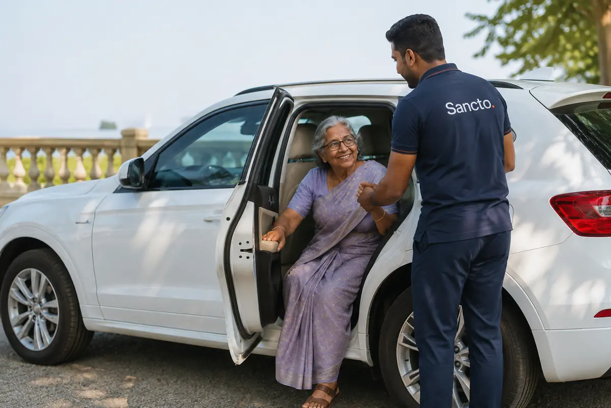 A Sancto team member helping an elderly woman out of a car after a trip to a doctor's appointment.